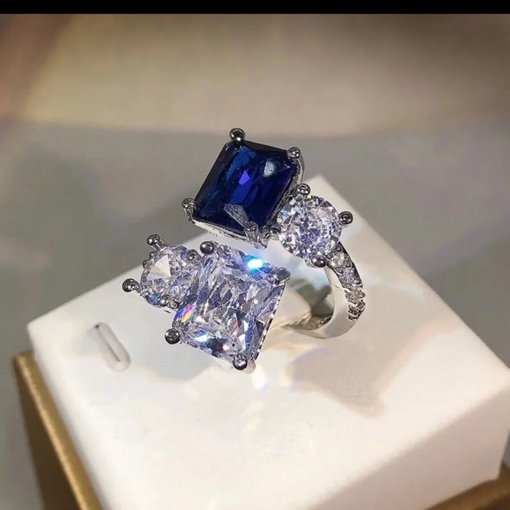 - Sapphire 3CT square cut 925 stamped swarovski elements adjustable ring